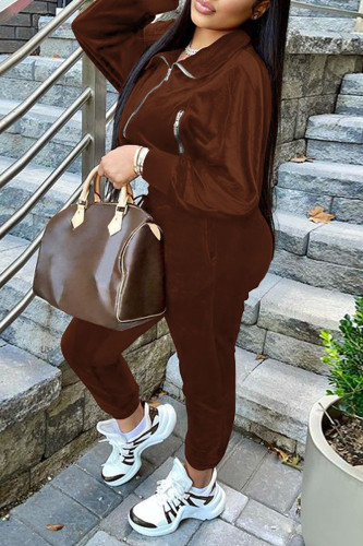 Coffee Casual Solid Patchwork Zipper Zipper Collar Long Sleeve Two Pieces