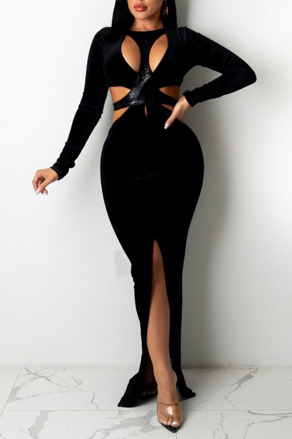 Black Sexy Solid Hollowed Out Split Joint Slit O Neck Straight Dresses