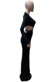 Black Sexy Solid Hollowed Out Split Joint Slit O Neck Straight Dresses