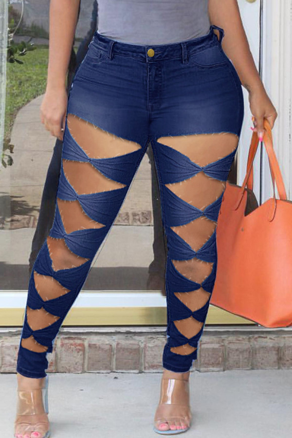 Jeans de retalhos plus size azul escuro de rua sólido vazado