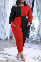 Rot-schwarzer, lässiger, einfarbiger Overall mit Patchwork-Tasche und schrägem Kragen in Übergröße