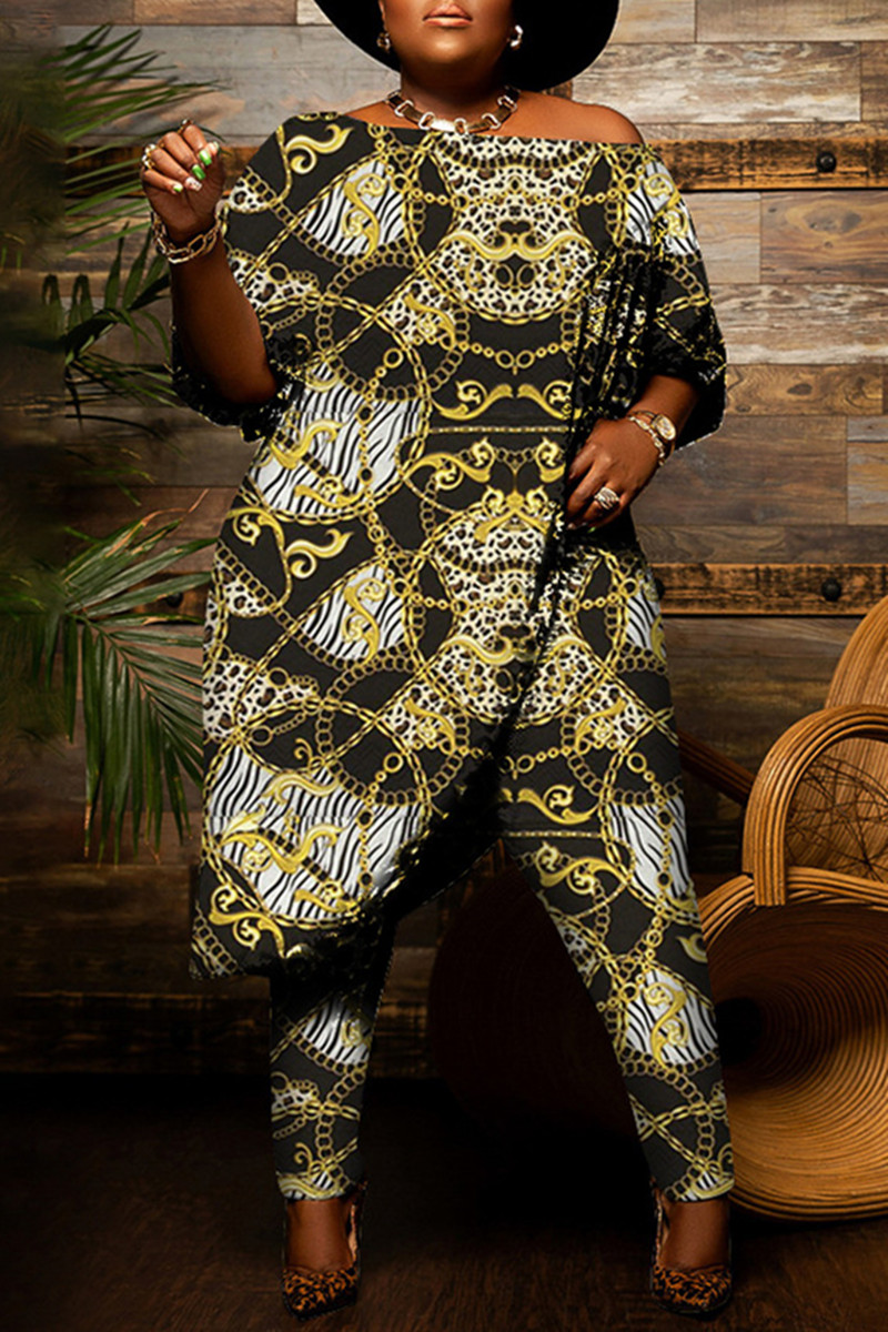 

Yellow Fashion Casual Print Asymmetrical Off the Shoulder Plus Size Two Pieces