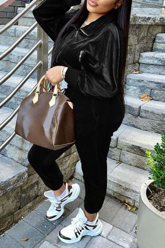 Black Casual Solid Patchwork Zipper Zipper Collar Long Sleeve Two Pieces