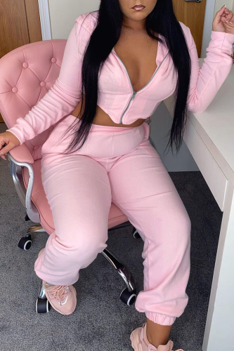 Pink Casual Solid Patchwork Zipper Collar Long Sleeve Two Pieces