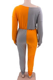 Orange Gray Casual Solid Patchwork Pocket Oblique Collar Plus Size Jumpsuits