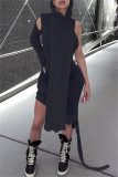 ブラックファッションカジュアルソリッドパッチワーク非対称フード付き襟長袖ドレス