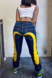 Jeans in denim regolari a vita alta con stampa casual gialla alla moda