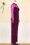 Фиолетовый модный сексуальный пэчворк с разрезом и бисером половина водолазки с длинным рукавом платья