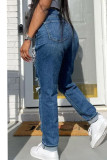 Donkerblauwe straat effen gescheurde patchwork rechte denim jeans met hoge taille