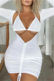 ホワイト ファッション セクシーな固体包帯折り V ネック長袖ドレス