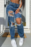 Donkerblauwe straat effen gescheurde patchwork rechte denim jeans met hoge taille