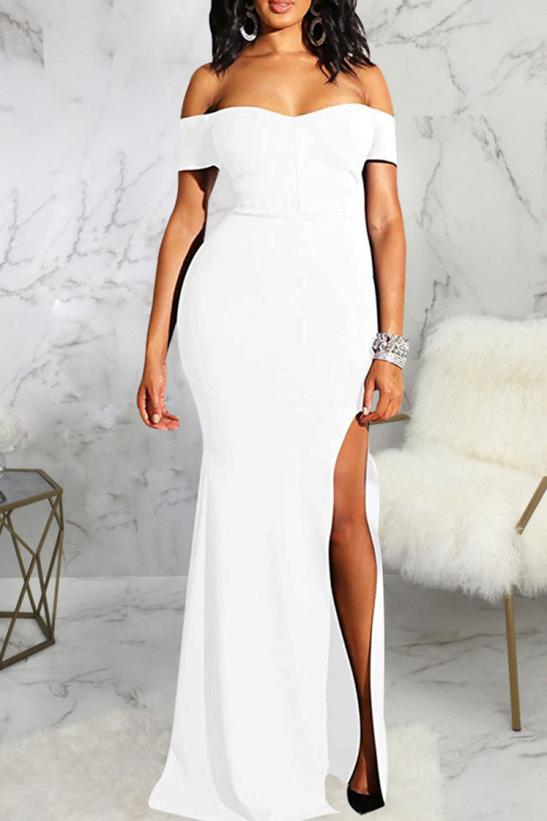 ホワイトファッションセクシーなソリッドバックレススリットオフショルダーイブニングドレス