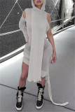 グレーファッションカジュアルソリッドパッチワーク非対称フード付き襟長袖ドレス