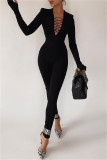 Black Fashion Casual Solid Hollowed Out V Neck Skinny Jumpsuits
