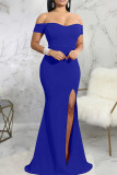 Blue Fashion Sexy Solid Backless Slit Off the Shoulder Evening Dress
