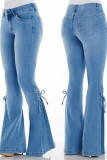Deep Blue Casual Street Solid Bandage Patchwork High Waist Boot Cut Denim Jeans