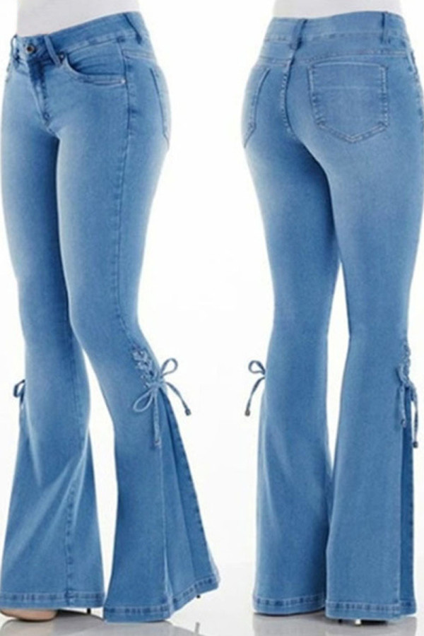 Hellblaue Casual Street Solid Bandage Patchwork High Waist Boot Cut Denim Jeans