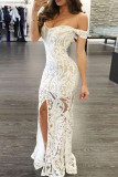 Weißes, modisches, sexy Patchwork-Stickerei-rückenfreies, geschlitztes Abendkleid mit V-Ausschnitt