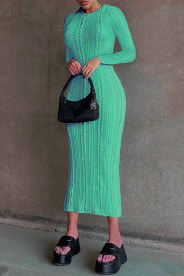 Зеленые модные повседневные однотонные базовые платья с круглым вырезом и длинными рукавами