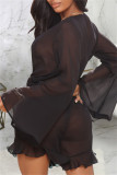 Mono regular con cuello en V transparente liso sexy de moda negro