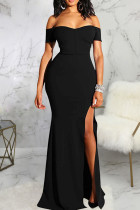 ブラックファッションセクシーなソリッドバックレススリットオフショルダーイブニングドレス