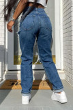 Темно-синие прямые джинсовые джинсы с высокой талией и однотонными рваными рваными принтами в стиле уличного стиля в стиле пэчворк