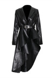 Black Fashion Casual Solid With Belt Asymmetrical Turndown Collar Outerwear