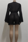 Macacão regular preto fashion sexy sólido transparente com decote em V