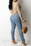 Jeans jeans cor clara moda casual rasgado bandagem cintura alta regular