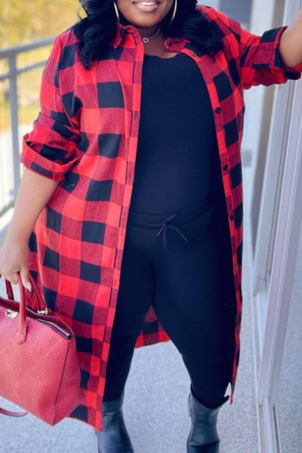 Rood Zwart Mode Casual Plaid Print Vest Turndown Kraag Plus Size Overjas