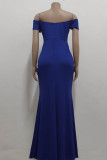 Blue Fashion Sexy Solid Backless Slit Off the Shoulder Evening Dress