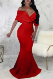 Röd Mode Sexig Solid Backless V-hals Aftonklänning