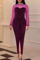 Vestidos de manga larga con cuello alto y rebordear con abertura en el remiendo sexy de moda púrpura