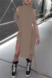 ブラウンネスファッションカジュアルソリッドパッチワーク非対称フード付きカラー長袖ドレス