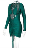 Green Fashion Sexy Solid Bandage Fold V Neck Long Sleeve Dresses
