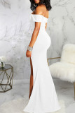 ホワイトファッションセクシーなソリッドバックレススリットオフショルダーイブニングドレス