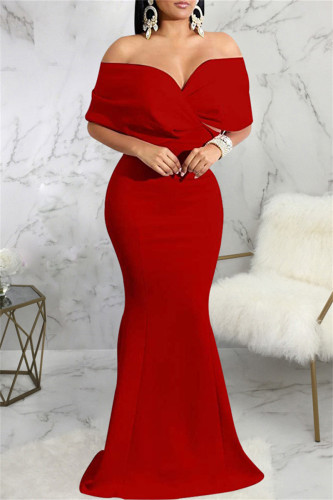 Red Fashion Sexy Solid Backless V Neck Evening Dress