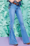 Azul claro casual rua sólida bandagem retalhos cintura alta corte bota jeans jeans