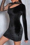 Zwarte mode sexy patchwork uitgeholde halve coltrui jurken met lange mouwen