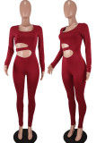 Burgundy Sexy Solid Hollowed Out Patchwork O Neck Skinny Jumpsuits
