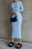 Sky Blue Fashion Casual Solid Basic O Neck Long Sleeve Dresses