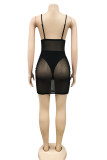 Black Sexy Patchwork Solid See-through Backless V Neck Sling Dress Dresses