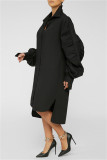 ブラックファッションカジュアルソリッドスリットターンダウンカラー長袖シャツドレス