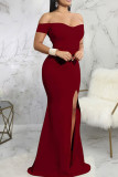 Vinröd Mode Sexig Solid Rygglös Aftonklänning med slits av axeln