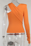 オレンジ ファッション カジュアル ソリッド パッチワーク 非対称 V ネック トップス