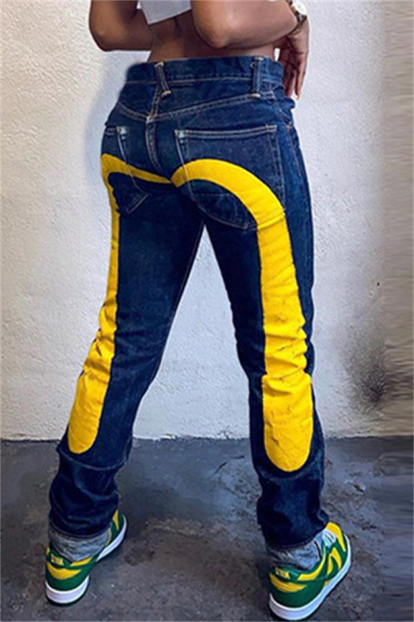 Желтые модные повседневные джинсовые джинсы с высокой талией и принтом