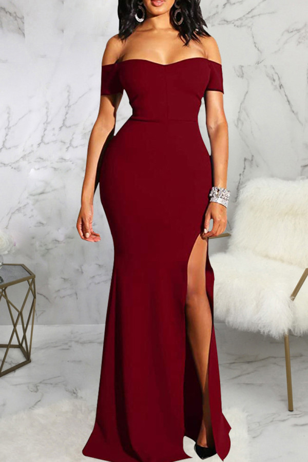 Бордовое модное сексуальное твердое вечернее платье без спинки с разрезом на плече
