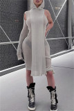 Grey Fashion Casual Solid Patchwork Asymmetrical Hooded Collar Long Sleeve Dresses