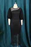 Zwarte mode sexy patchwork effen uitgeholde doorschijnende O-hals jurk met korte mouwen