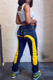 Yellow Fashion Casual Print Basic High Waist Regular Denim Jeans